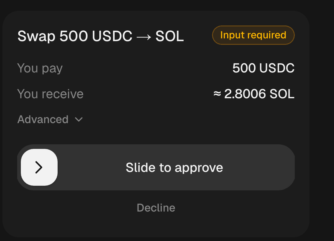 An approval card showing what you pay, what you receive, and a slide-to-approve control.